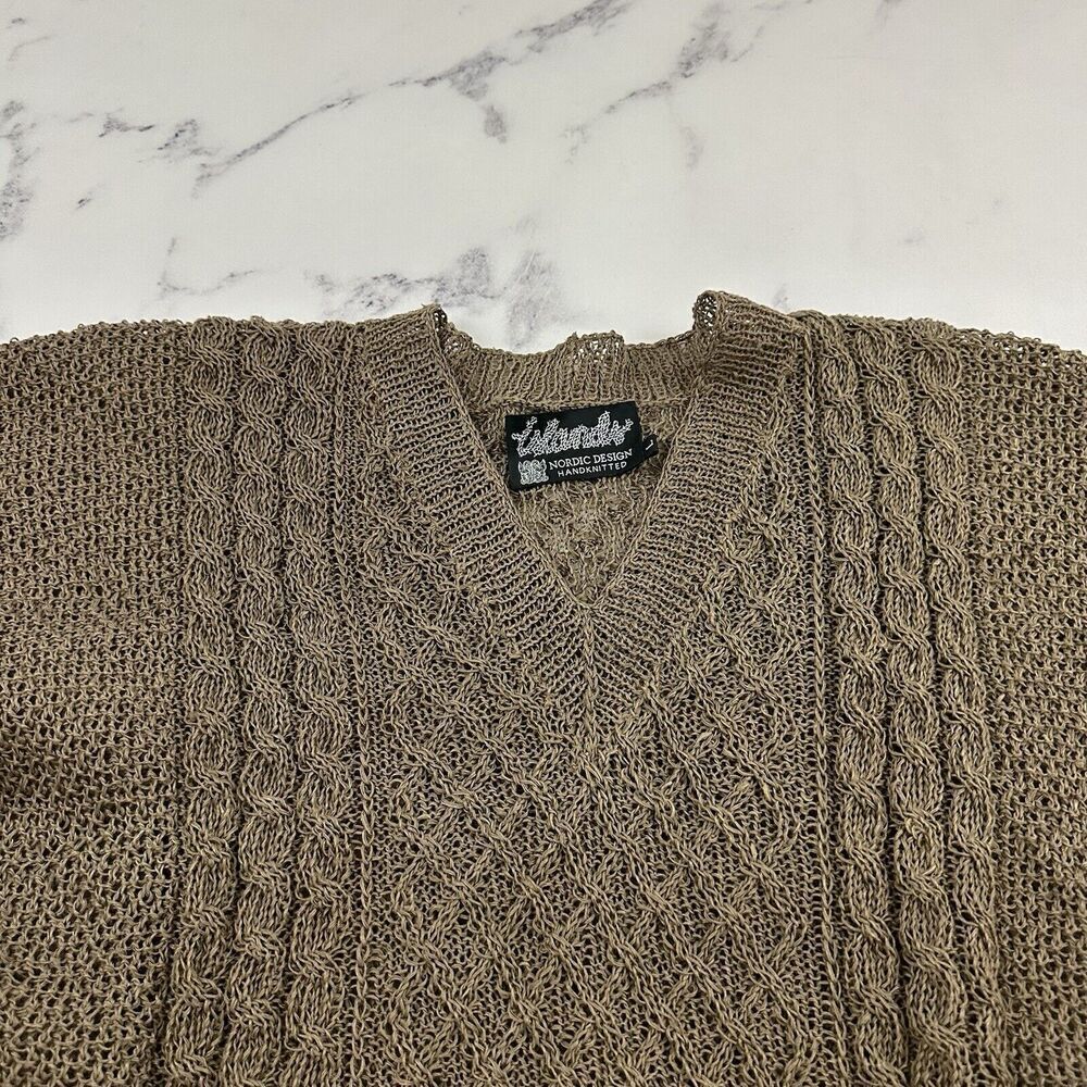 Nordic Design Hand Knitted Womens Sweater Size L Taupe Gray Open Knit Pullover - Picture 2 of 11